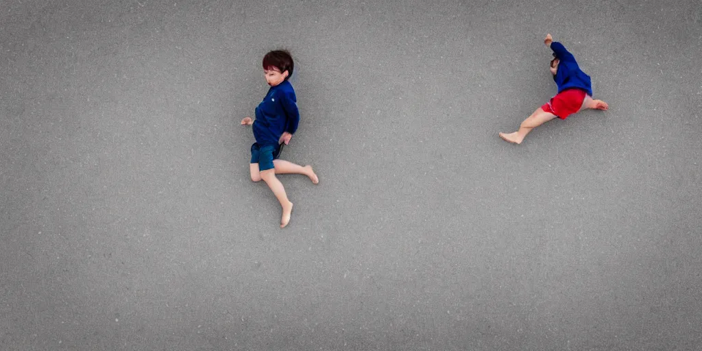 Prompt: a boy flying through clouds looking down at the ground