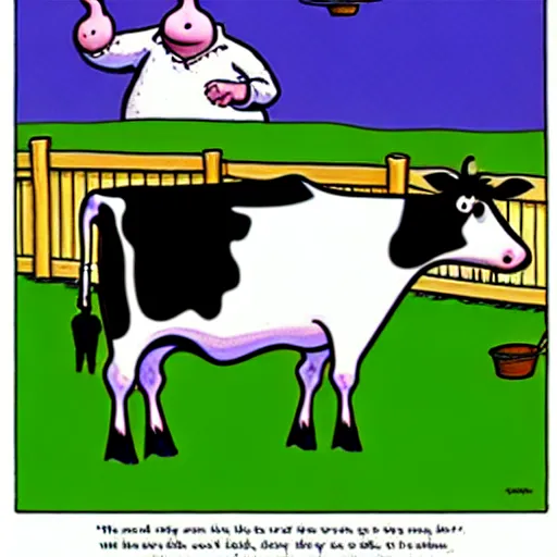 Image similar to a cow points at a bucket, illustrated by gary larson, far side comic, b & w