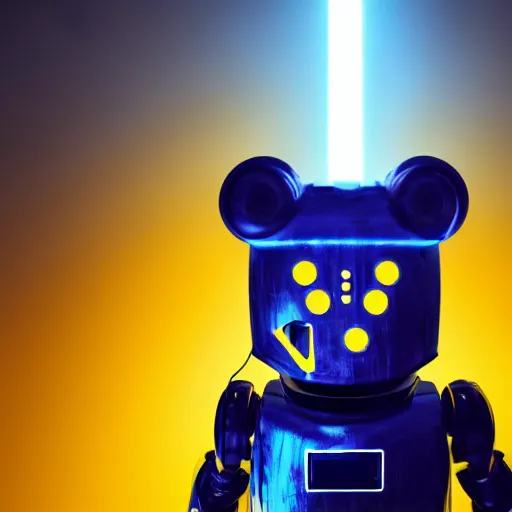 Prompt: portrait photo of a robot bear as a jedi, blue and yellow lighting, dark, cinematic, high quality, 4 k