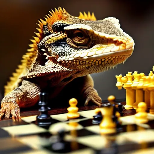 Image similar to a Bearded dragon playing chess against a Salamander, national geographic photo