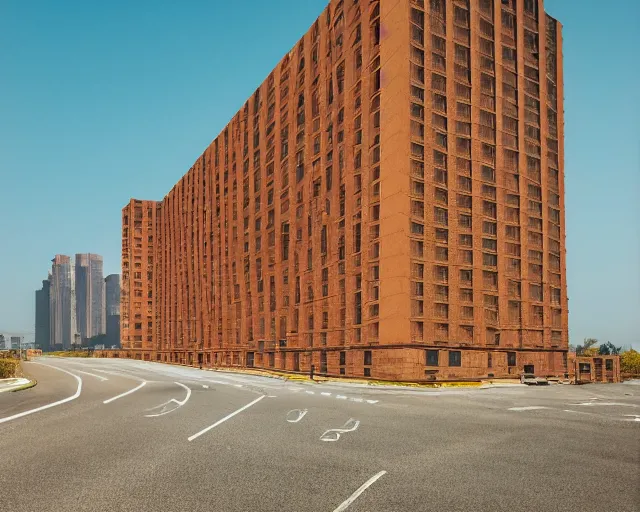 Image similar to a tall building with a brown roof next to a road, a matte painting by zlatyu boyadzhiev, unsplash, new objectivity, hdr, photo taken with provia, photo taken with ektachrome