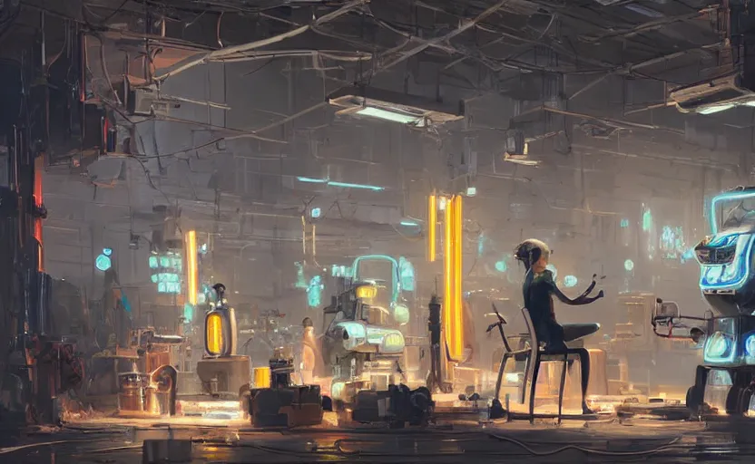 Prompt: robot repair shop, girl working on a robot, neons, indoor, concept art by greg rutkowski and james gurney