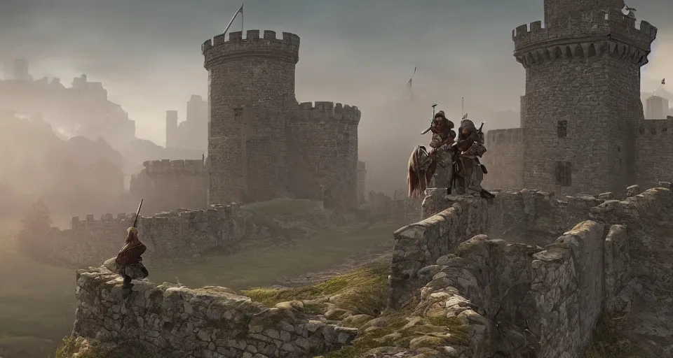 Prompt: three medieval soldiers atop a castle wall looking over a vast medieval kingdom rule by an evil king. it is a quiet morning. mist, epic, cinematic, volumetric lighting, fantasy style, highly - detailed, unreal 5, realism