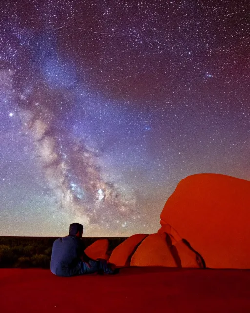 Image similar to man sitting at uluru, medicine drum, night sky, small fire, cosmic sky