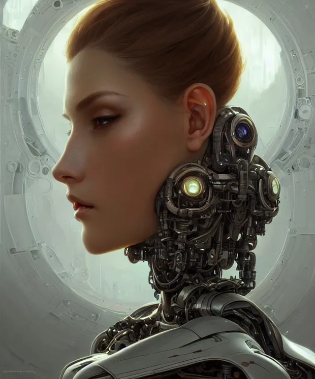 Image similar to beautiful crying! female mechanical android!, half portrait, intricate detailed environment, photorealistic!, intricate, elegant, highly detailed, digital painting, artstation, concept art, smooth, sharp focus, illustration, art by artgerm and greg rutkowski and alphonse mucha