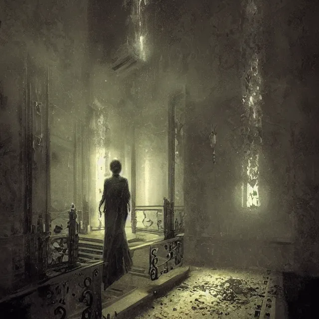 Prompt: ultra - realistic painting gothic 1 9 2 0 s hotel elevator opening up to a horrifying cosmic sky, atmospheric lighting, gloomy, foreboding, by carl spitzweg, ismail inceoglu, vdragan bibin, hans thoma, greg rutkowski, alexandros pyromallis, perfect face, fine details, realistic shadeing