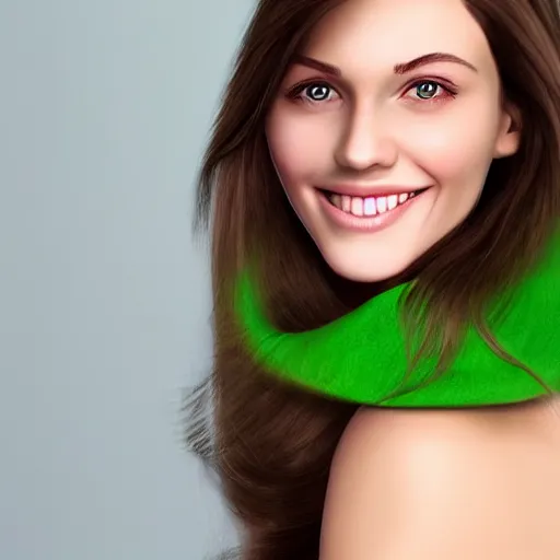 Prompt: longer hair, identical picture, smaller nose, smaller mouth, feminine female, soft skin, proportionate body parts, small shoulders, big breasts, diamond shaped face, attractive, big green eyes, pretty smile, flawless teeth