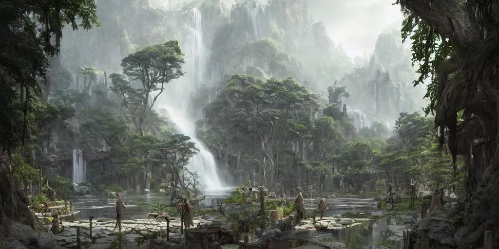 Prompt: A wide open courtyard in a beautiful elven city made of marble, dreamy, lush trees, waterfall , a fantasy digital painting by Greg Rutkowski and James Gurney, trending on Artstation, highly detailed