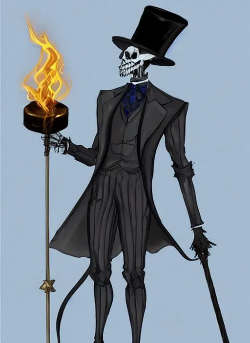 Image similar to DND character concept, skeletal male figure, wearing a deep black suit!!! and tie and top hat, holding a gold! cane!. Surrounded by light blue!!! flames!!