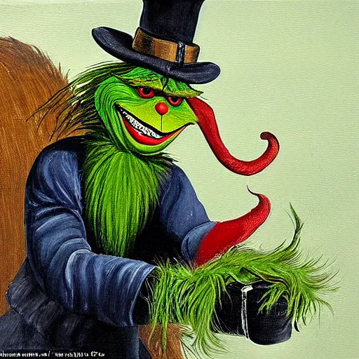 Image similar to a painting of the grinch dressed as a highwayman robbing a stagecoach