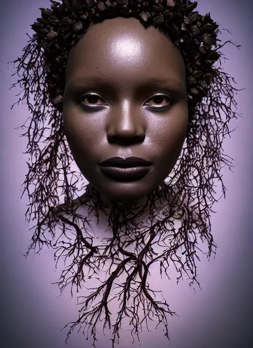 Prompt: biblical daemonic black woman made out of ivy and flowers, glowing veins, rule of thirds, close - up, portrait by greg hildebrandt, studio lighting, muted colors, by terry richardson, by leonardo davinci, by beeple, ultrarelistic, extreme detail, caustics, trending on artstation, 8 k, octane renderer, rtx on