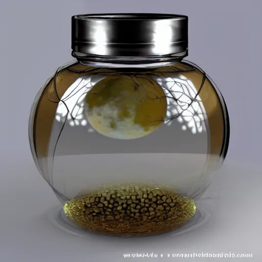 Prompt: the moon trapped in a old jar of glass, elegant, highly detailed