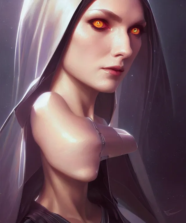 Prompt: futuristic nun woman portrait, sci-fi, amber eyes, face, long hair, fantasy, intricate, elegant, highly detailed, digital painting, artstation, concept art, smooth, sharp focus, illustration, art by artgerm and greg rutkowski and alphonse mucha