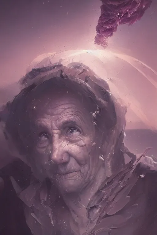 Image similar to the look of an elderly person full of wrinkles and imperfections comes out of a tornado by artgem and greg rutkowski, highly detailed, high contrast, light reflection, trippy, nebula, trending on artstation