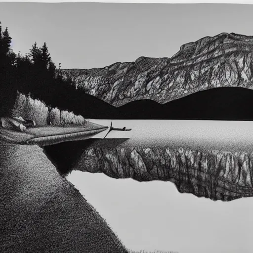 Image similar to lago di sorapis, hyper - realistic black and white drawing