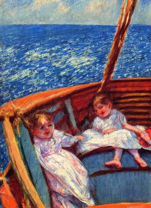 Prompt: vintage beautiful painting of Jiafei on a boat in the middle of the ocean near the pear cliff side in Mary Cassatt style