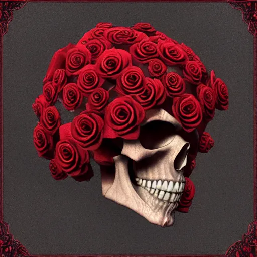 Image similar to skull made of red roses, organic horror, devil, death, giger, epic, baroque, art nouveau, james jean, photorealistic render, 3 ds max + v - ray, extremely detailed and intricate, center composition, elegant, vfx, unreal engine 5, octane render, extremely contrast, extremely sharp lines