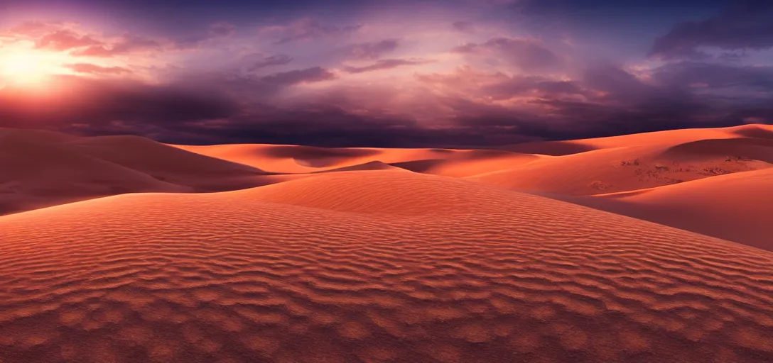 Prompt: epic view of african sand dunes at sunset, clear skies, unreal engine, dramatic lighting, detailed, ambient occlusion, global illumination, god rays, 3 d artstation render by greg rutowski and jessica rossier