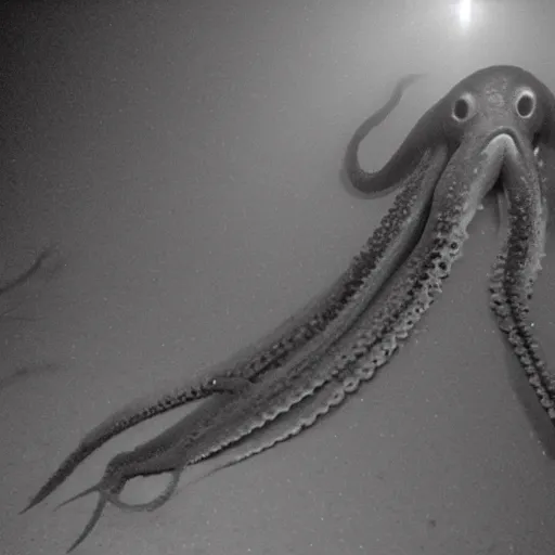 Image similar to a weird giant squid octopus caught on trailcam nightvision footage camera, grainy low quality, forest