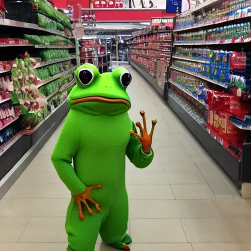 Prompt: anthropomorphic frog shopping at Tesco