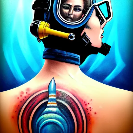 Prompt: a profile photo of a diver with diving helmet with tattoos on arm and neck, side profile in underwater, highly detailed, digital painting, artstation, sharp focus, illustration by Sandra Chevrier