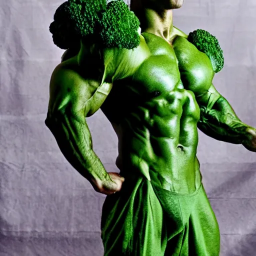 Image similar to a posing bodybuilder made entirely from broccoli