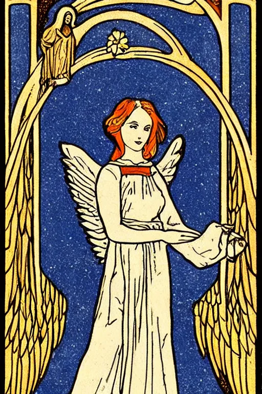 Image similar to a Tarot card depicting an angel, in the style of art nouveau