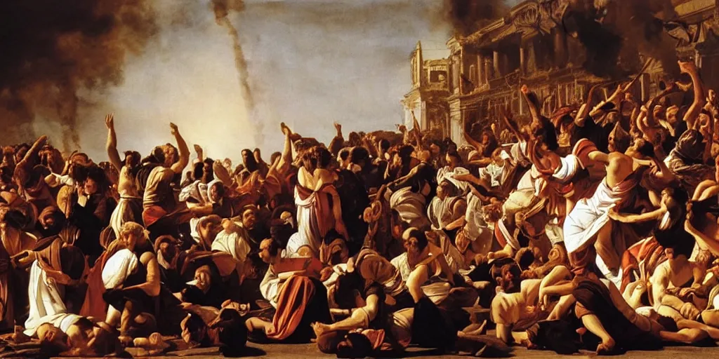 Image similar to beautiful oil matte painting, uprising of people at a greek political forum with fire and smoke, wonderful masterpiece highly detailed, beautiful cinematic light deep focus, elegant, digital painting, smooth, sharp focus, golden ratio, dramatic illumination, ultra realistic, 8 k, art by artemisia lomi gentileschi and caravaggio