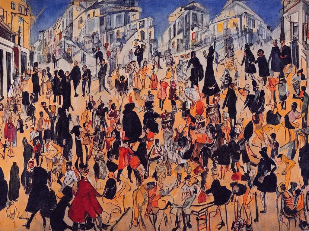 Image similar to nightlife in lisbon, feminist view, lisbon city at night, art in the style of paula rego