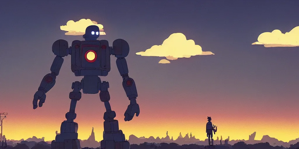 Prompt: Iron Giant, Portrait, Cloudy Sky, Golden Hour Sun, Neon Lights, Subject in Middle, Subject in center, Rule of Thirds, Retrofuturism, Studio Ghibli, Simon Stålenhag