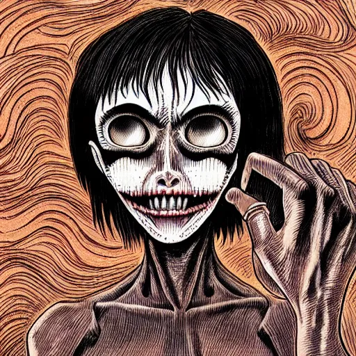 Image similar to a dark brown humanoid, hyper detailed, in the style of junji ito and and junji ito and junji ito, selfie