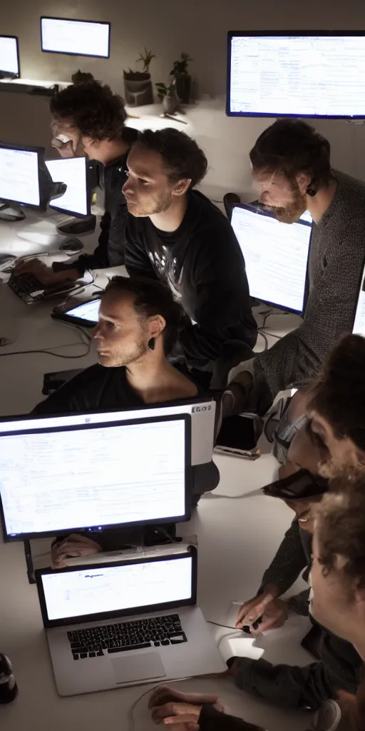 Image similar to 5 people writing code on laptops in a dimly lit room at night, computer screens illuminate their faces