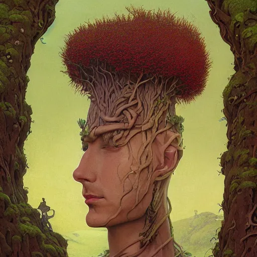 Image similar to Face Head Eyes Rootpunk Elven Physique Portrait of a Shaman Guy wearing an ivy costume lichen disguised as a human standing atop a red clay pot greg rutkowski jen bartel dragan bibin peter mohrbacher anna podedworna arthur rackham salvador dali octavio ocampo jacek yerka winslow homer norman rockwell uta natsume prismacolor tombow quill