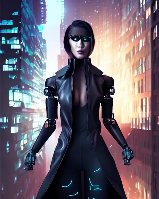 Image similar to photorealistic beautiful half cyborg woman by Artgerm and NeoArtCorE with a mischievous look, the half cyborg woman is wearing a long trench coat, in a dark night rooftop scene by Liam Wong