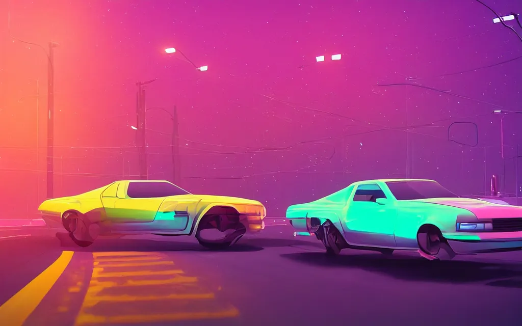 Prompt: a car drifting on a neon road, digital art by beeple, in the style of retrowave