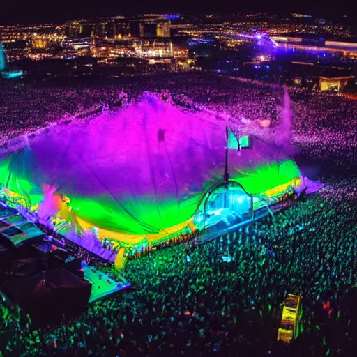 Prompt: electronic music festival, high resolution aerial photograph