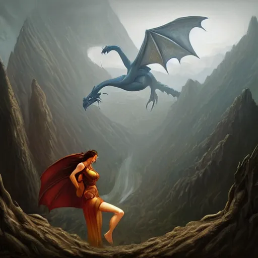 Prompt: a painting of a woman and a dragon, a matte painting by christophe vacher, featured on deviantart, fantasy art, matte painting, storybook illustration, 2 d game art.