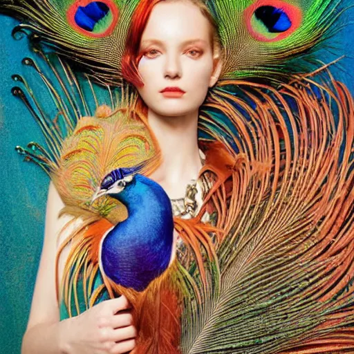 Prompt: pretty model with peacock feather and bird : : by martine johanna and simon stalenhag and chie yoshii and casey weldon and wlop : : ornate, dynamic, particulate, rich colors, intricate, elegant, highly detailed, vogue, harper's bazaar art, fashion magazine, smooth, sharp focus, 8 k, octane render