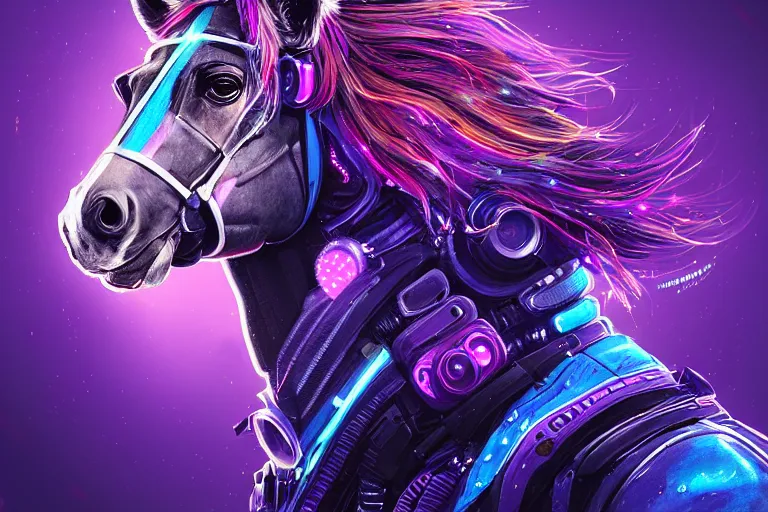 Image similar to a beautiful portrait of a cute cyberpunk horse with bioluminescent mane by sandra chevrier and greg rutkowski and wlop, purple blue color scheme, vaporware, retro, outrun, high key lighting, volumetric light, digital art, highly detailed, fine detail, intricate, ornate, complex, octane render, unreal engine, photorealistic