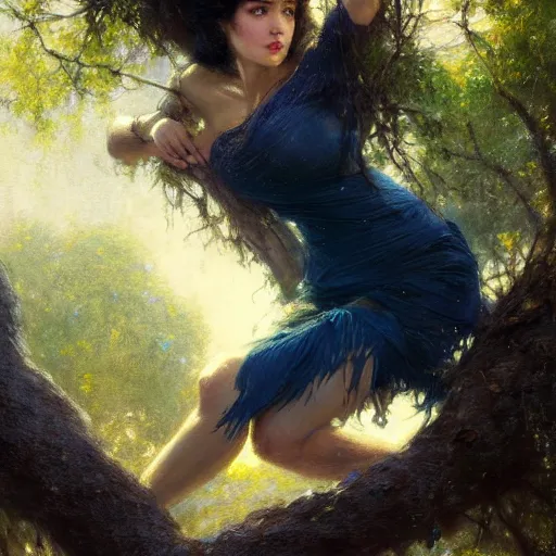 Image similar to portrait of a strong woman resting on a large tree, short black hair, decorative dark blue clothing, bare legs sharp focus, ultra realistic digital painting, colorful, cinematic lighting, high fantasy, intricate, highly detailed, smooth, elegant, gaston bussiere, bayard wu, greg rutkowski
