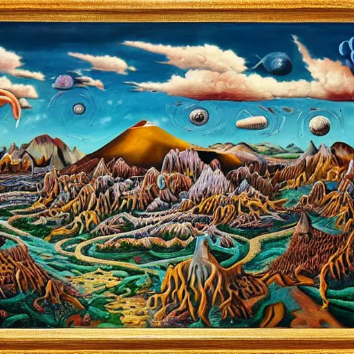 Image similar to surrealist landscape, human organ city, painting, highly detailed