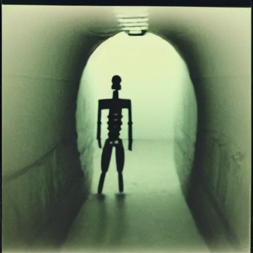 Image similar to a creepy humanoid figure standing in a tunnel, dark, brooding, creepy, backlit from sunlight, real photo taken on Polaroid camera