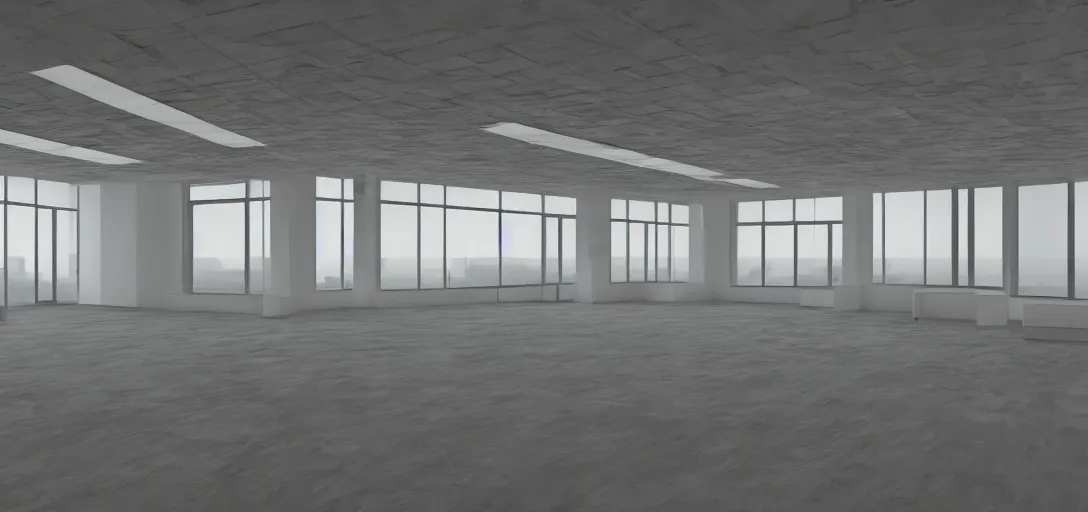 Prompt: empty office in the middle of nowhere, bright, 8 k photorealistic, hd, high details, trending on artstation