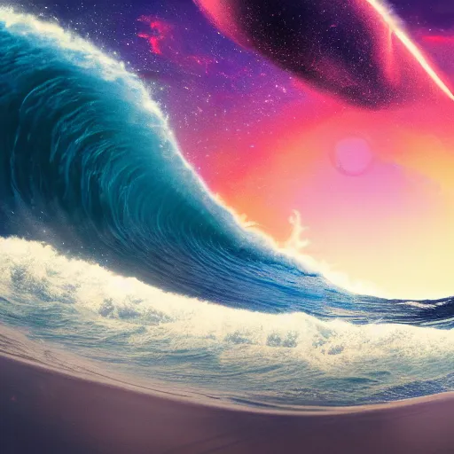 Image similar to photo of a alien surfing a surfboard on a crashing l wave of alien ocean in space, background is an alien galaxy, aliens in the background, alien colors, octane render, unreal engine, wide view, 8 k, high detaild