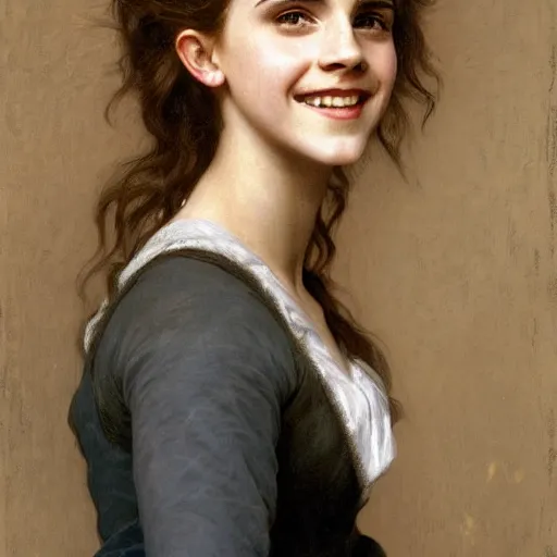 Image similar to painting of emma watson as hermione granger. smiling. happy. cheerful. art by william adolphe bouguereau. extremely detailed. beautiful. 8 k. award winning.
