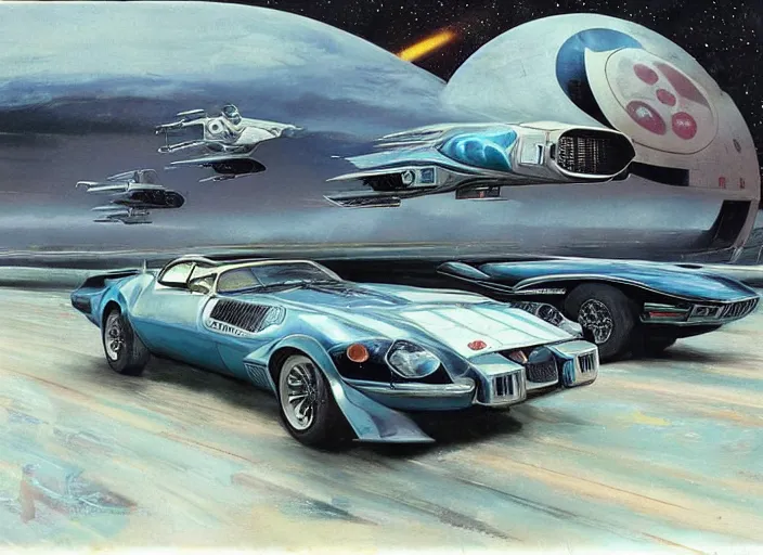 Prompt: ( ( ( ( ( 1 9 8 2 pontiac trans am, jaguar e - type, car concept art, sci - fi illustration, painting ) ) ) ) ) by vincent di fate and john berkey and star wars and the rocketeer!!!!!!!