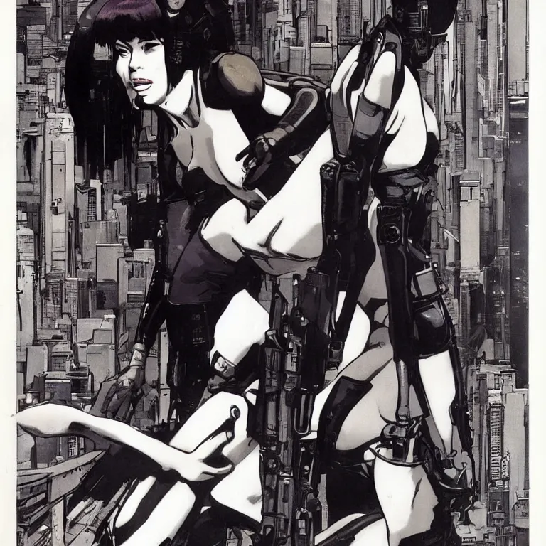 Image similar to scifi Ghost in the Shell by Robert McGinnis, pulp comic style, circa 1958, photorealism