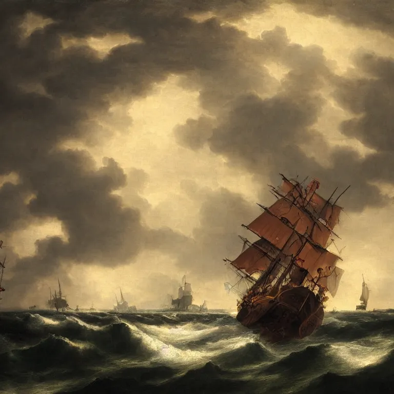 Prompt: A pirate ship sailing atop the center of the chaotic ocean approaching a massive storm, painting in the style of Fitz Hugh Lane, Dramatic Lighting, Trending on Artstation HQ, 4K, UHD