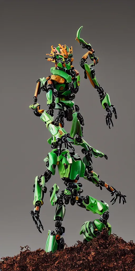 Image similar to bootleg figure of a plastic bionicle surrounded of dirt and moss secondhand, diorama, mcfarlane, figma, cursed photography