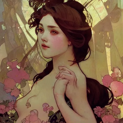 Image similar to egirl!!!!! aesthetic!!!! girl painting by tran nguyen ilya kuvshinov alphonse mucha and greg rutkowski